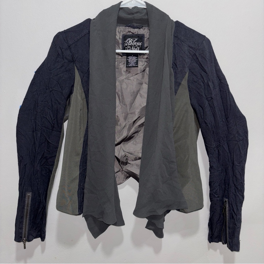 Blanc Noir Women's Dark Blue & Gray Drape Front Open Jacket -Size S